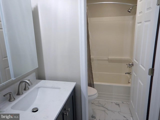 full bathroom with vanity, shower / bath combination with curtain, and toilet