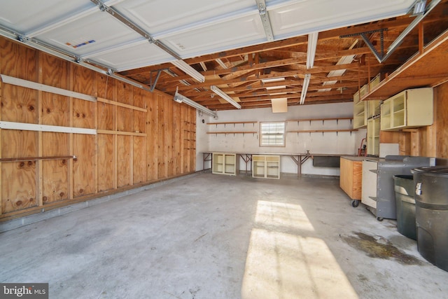 garage featuring wooden walls