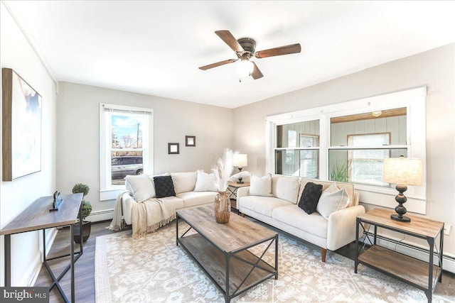 living room featuring ceiling fan, hardwood / wood-style floors, a healthy amount of sunlight, and a baseboard radiator