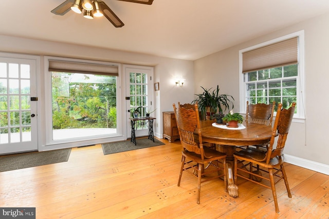 dining area featuring ceiling fan and light wood-type flooring