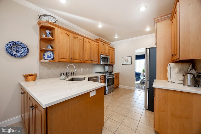 kitchen with light tile patterned flooring, sink, crown molding, stainless steel appliances, and backsplash