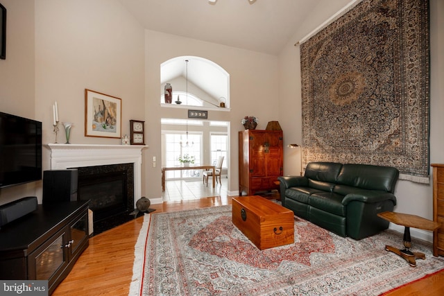 living room featuring high vaulted ceiling and light hardwood / wood-style flooring