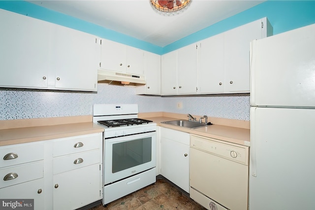 kitchen featuring white cabinets, white appliances, and sink