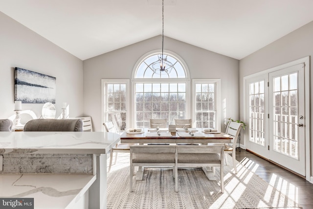 bedroom featuring wood-type flooring, access to exterior, and vaulted ceiling