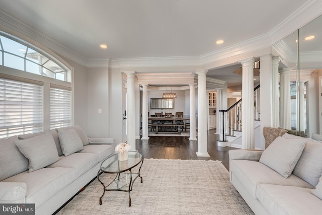 living room featuring plenty of natural light, crown molding, and dark hardwood / wood-style floors