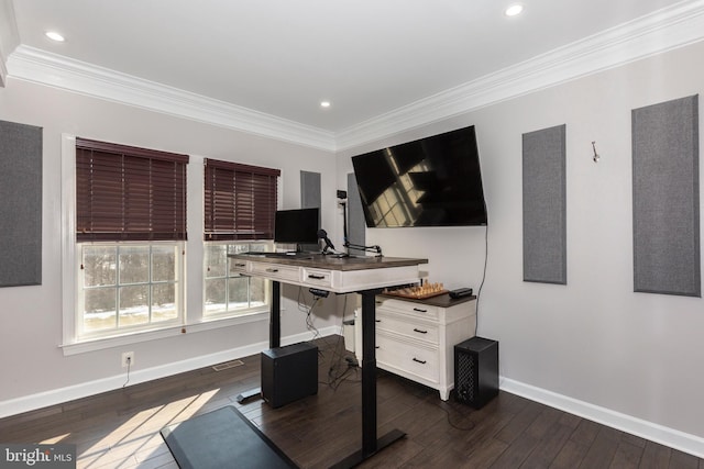 office area with crown molding and dark hardwood / wood-style floors