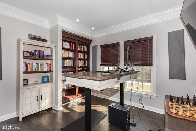 office space featuring ornamental molding and dark hardwood / wood-style floors