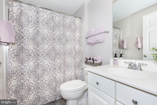 bathroom featuring toilet, vanity, and hardwood / wood-style floors