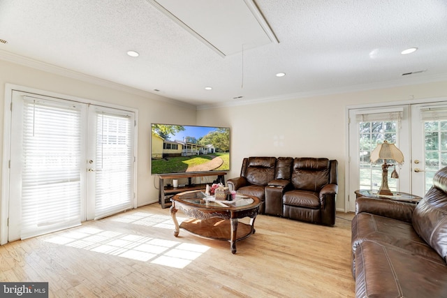 living room featuring french doors, a textured ceiling, and a healthy amount of sunlight