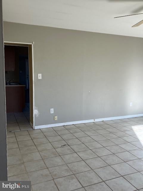 unfurnished room with ceiling fan and sink