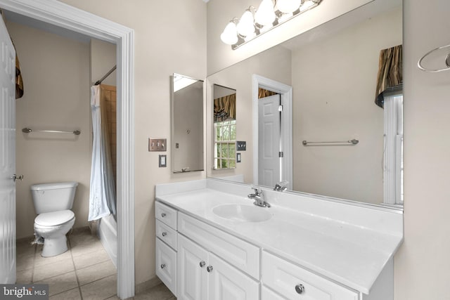 full bathroom with vanity, tile patterned floors, shower / bath combination with curtain, and toilet