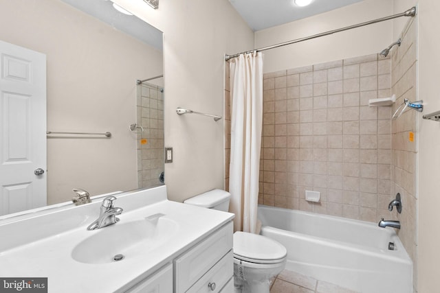 full bathroom with vanity, tile patterned floors, toilet, and shower / bathtub combination with curtain