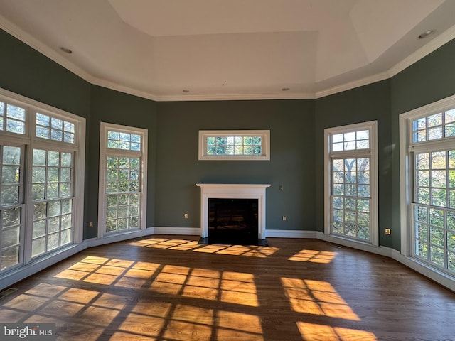 unfurnished living room with hardwood / wood-style flooring, ornamental molding, and a raised ceiling