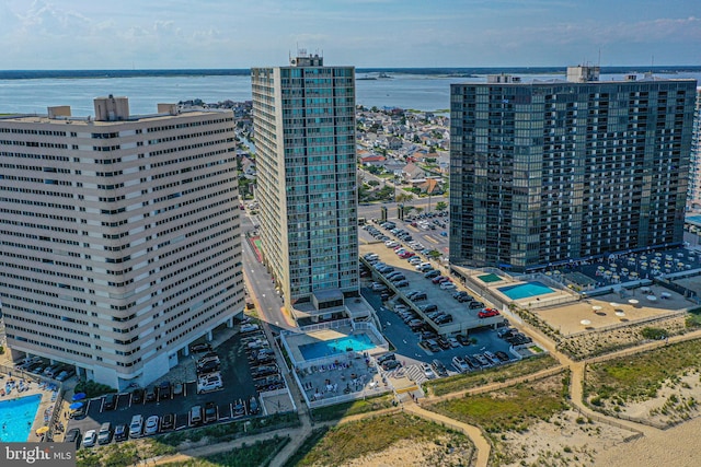 drone / aerial view featuring a water view