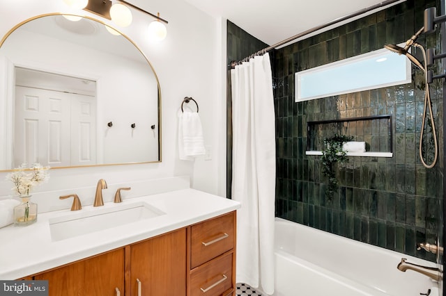 bathroom with vanity and shower / bathtub combination with curtain