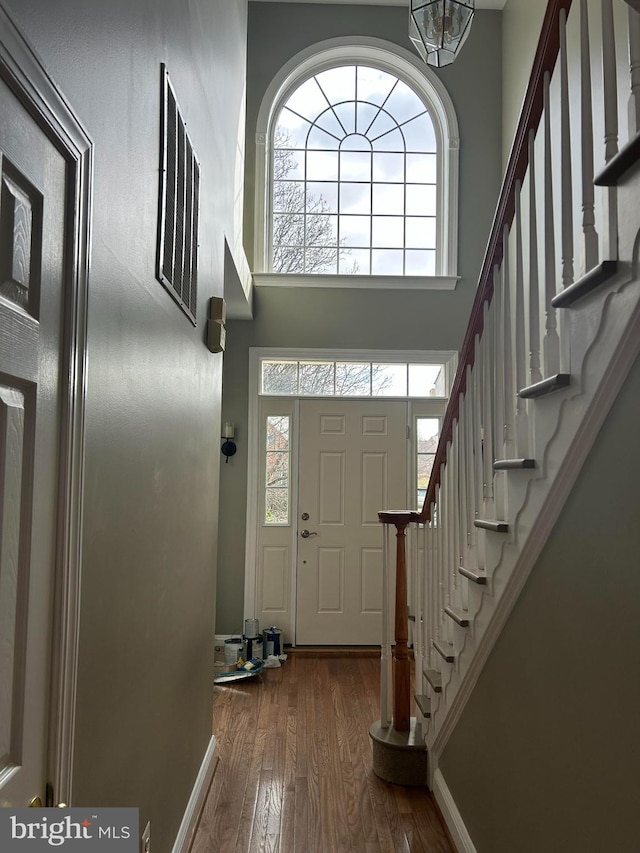 foyer entrance featuring a high ceiling and hardwood / wood-style flooring