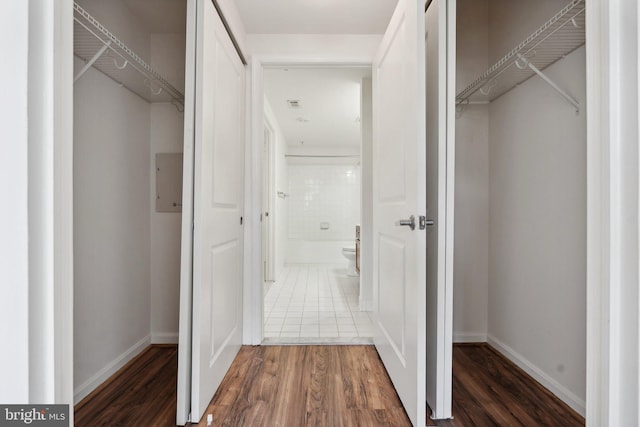 spacious closet with dark wood-type flooring