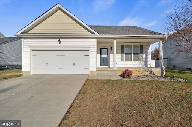 single story home with a front lawn, covered porch, and a garage