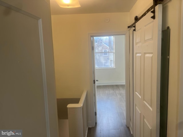 corridor featuring a barn door and hardwood / wood-style flooring