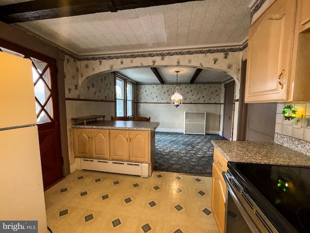 kitchen featuring stainless steel electric range, white fridge, hanging light fixtures, and a baseboard radiator