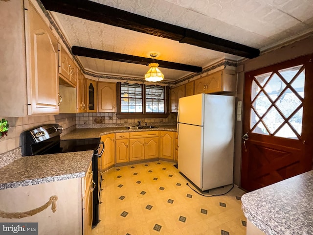 kitchen with white refrigerator, sink, black range with electric cooktop, decorative light fixtures, and beam ceiling