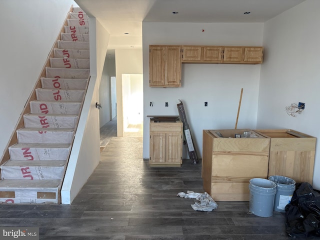 kitchen with light brown cabinets and dark wood-type flooring