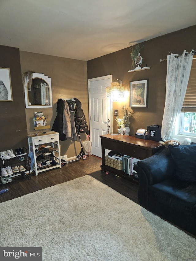 living room featuring dark wood-type flooring