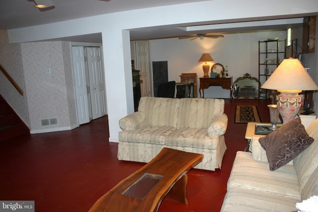 living room featuring ceiling fan