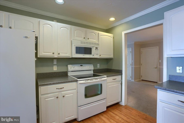 kitchen featuring white cabinetry, light wood-type flooring, white appliances, and ornamental molding