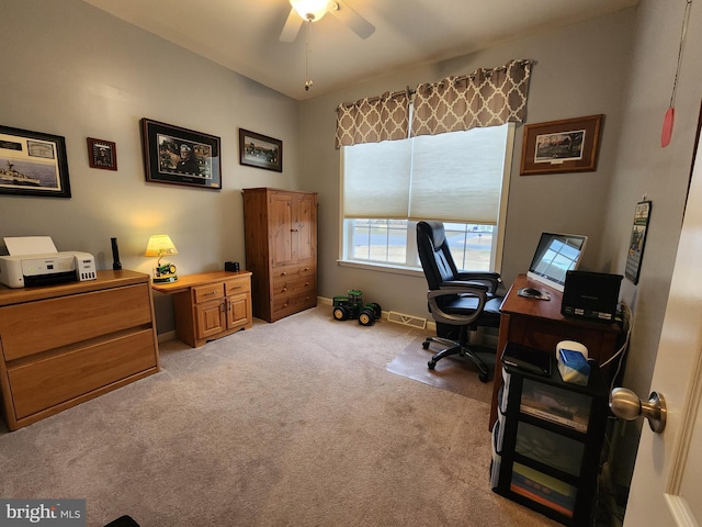 office featuring light carpet and ceiling fan