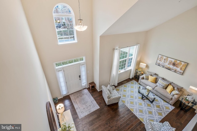 foyer featuring a towering ceiling and dark hardwood / wood-style floors