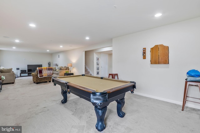 recreation room featuring light carpet and pool table