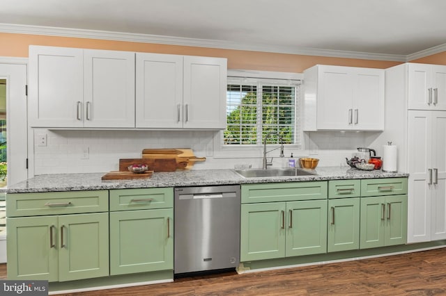 kitchen featuring backsplash, white cabinetry, sink, and stainless steel dishwasher