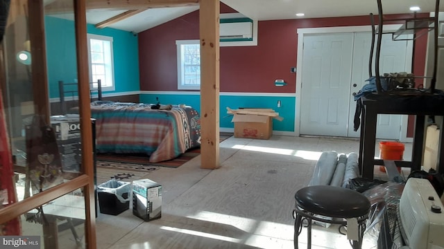 bedroom with lofted ceiling with beams