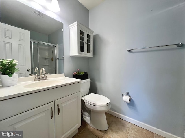 bathroom with tile patterned flooring, vanity, toilet, and an enclosed shower