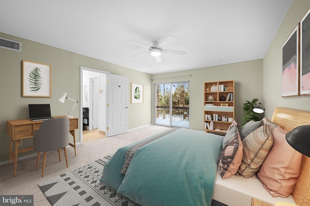 carpeted bedroom with access to outside and ceiling fan