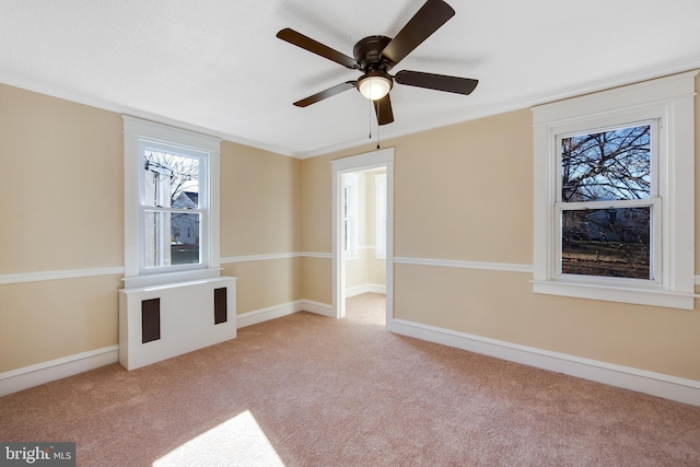 carpeted spare room with ceiling fan and crown molding