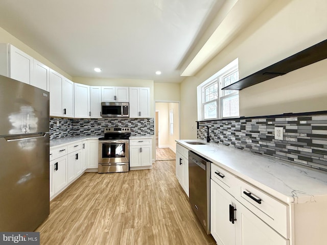 kitchen with sink, white cabinets, and stainless steel appliances