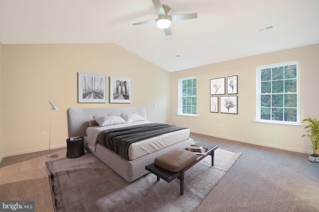 bedroom featuring carpet flooring, ceiling fan, and lofted ceiling