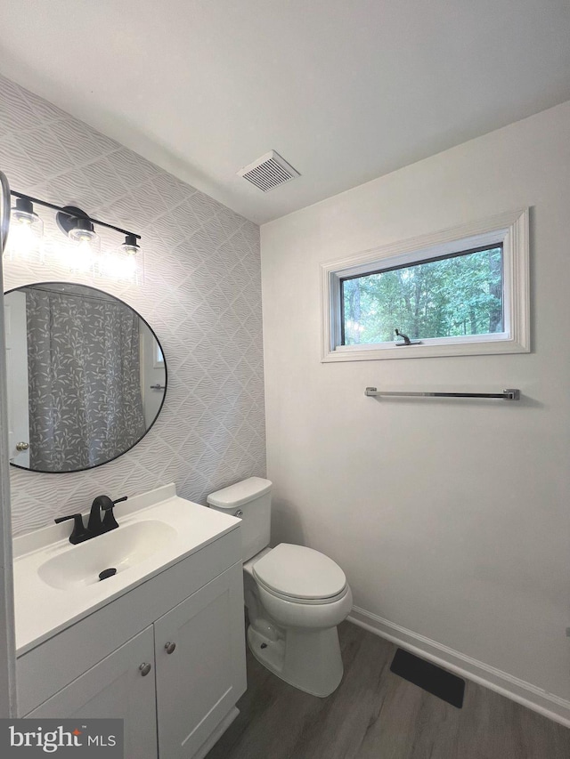 bathroom featuring vanity, wood-type flooring, and toilet