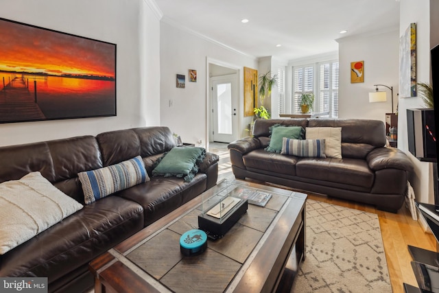 living room with light hardwood / wood-style flooring and ornamental molding