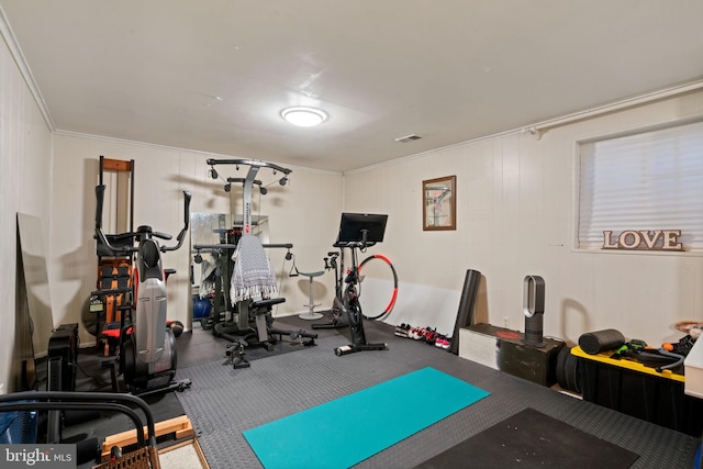 workout area with crown molding