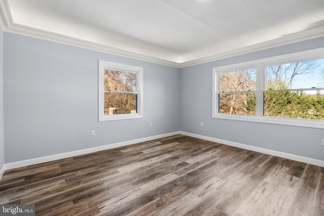 empty room featuring dark hardwood / wood-style flooring and ornamental molding