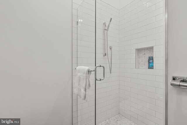 bathroom featuring a shower with shower door