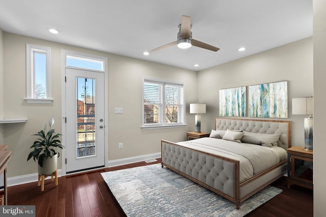 bedroom with access to exterior, ceiling fan, and dark hardwood / wood-style floors