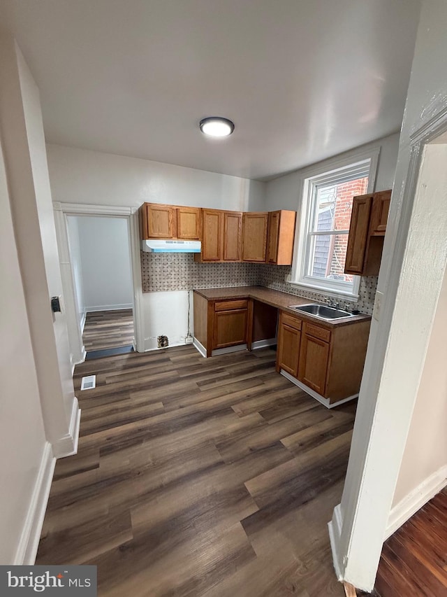 kitchen with backsplash, dark wood-type flooring, and sink