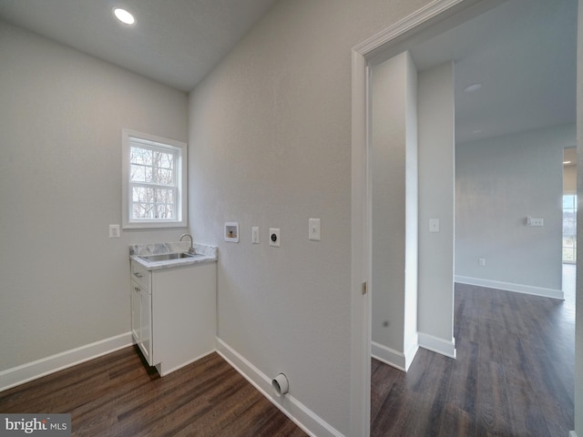 12544 Woodsboro Pike, Keymar, MD 21757 - clothes washing area featuring sink, dark wood-type flooring, washer hookup, and hookup for an electric dryer
