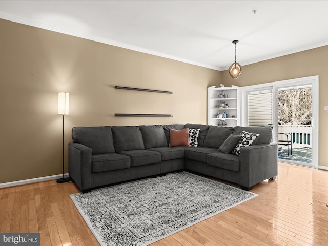 living room featuring light hardwood / wood-style floors and crown molding