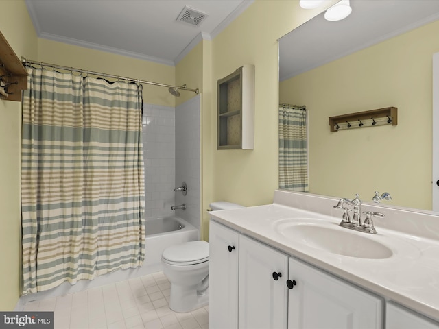 full bathroom with toilet, vanity, crown molding, and shower / bath combo with shower curtain