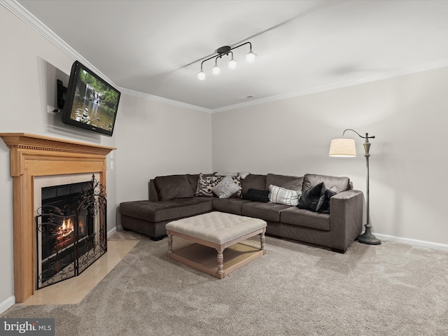 living room with crown molding, light carpet, and track lighting